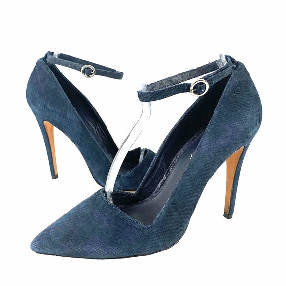 ALICE + OLIVIA Makayla Navy Blue Kid Suede Ankle Strap Stilettos - Picture 2 of 11